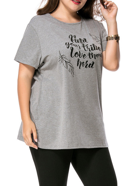 Casual Feather Letters Round Neck Plus Size T-Shirt