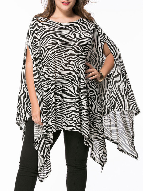 Casual Zebra Printed Asymmetric Hem Boat Neck Plus Size T-Shirt