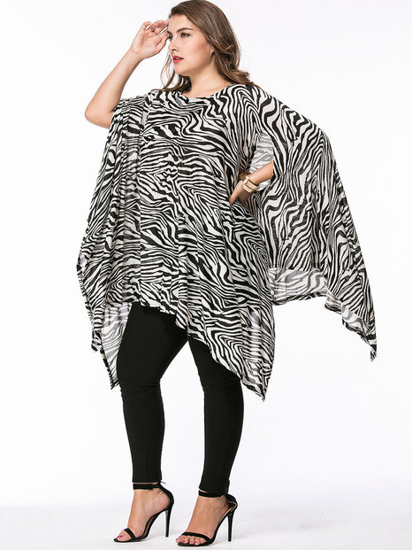 Casual Zebra Printed Asymmetric Hem Boat Neck Plus Size T-Shirt