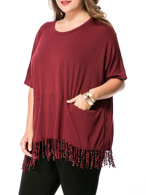 Casual Loose Fringe Pocket Round Neck Plain Plus Size T-Shirt