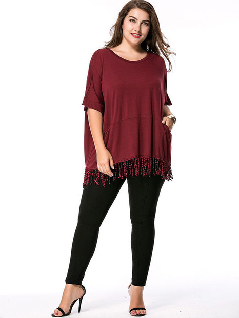 Casual Loose Fringe Pocket Round Neck Plain Plus Size T-Shirt