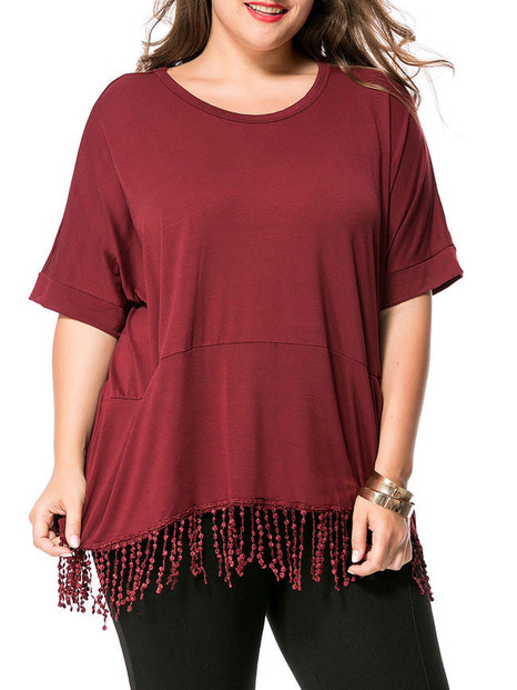 Casual Loose Fringe Pocket Round Neck Plain Plus Size T-Shirt