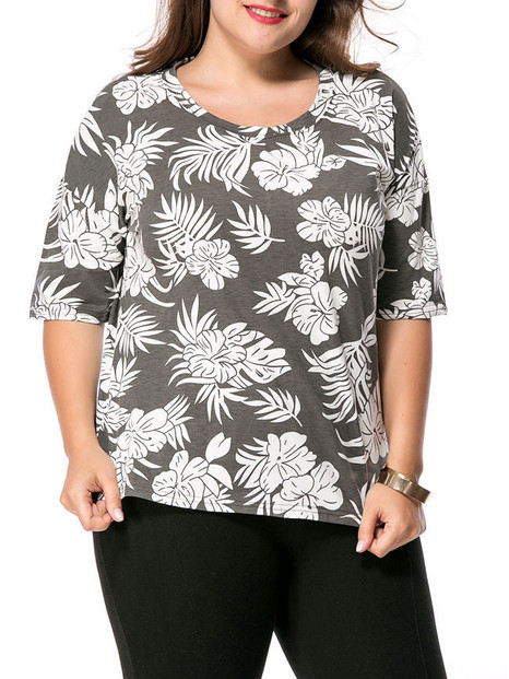 Casual Round Neck Floral Leaf Printed Plus Size T-Shirt