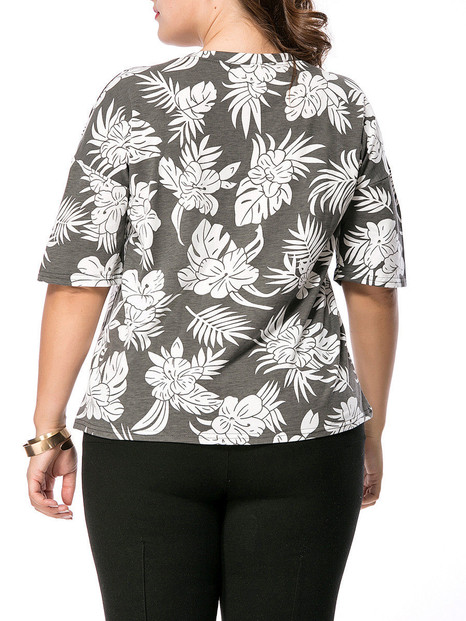 Casual Round Neck Floral Leaf Printed Plus Size T-Shirt