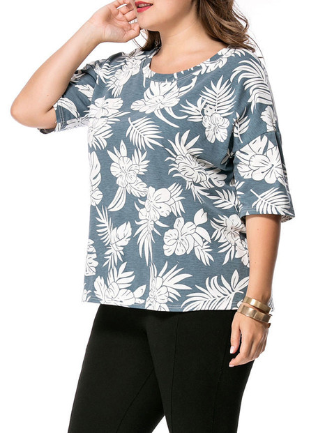 Casual Round Neck Floral Leaf Printed Plus Size T-Shirt