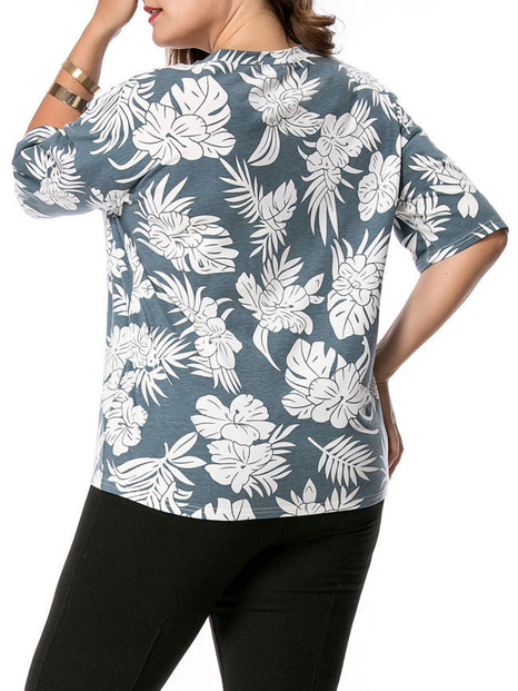 Casual Round Neck Floral Leaf Printed Plus Size T-Shirt