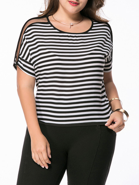 Casual Round Neck Vented Hollow Out Striped Plus Size T-Shirt