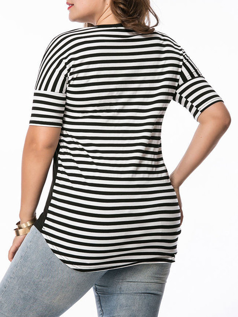 Casual High-Low Round Neck Patch Pocket Striped Plus Size T-Shirt