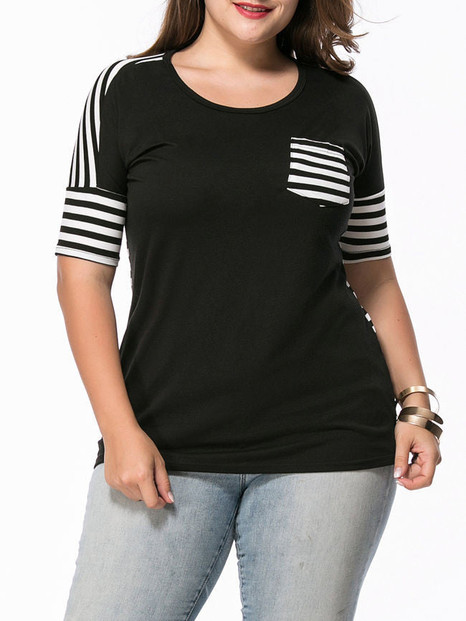 Casual High-Low Round Neck Patch Pocket Striped Plus Size T-Shirt