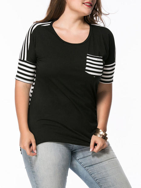 Casual High-Low Round Neck Patch Pocket Striped Plus Size T-Shirt