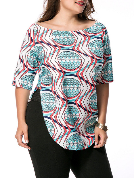 Casual Boat Neck Side-Vented Printed Plus Size T-Shirt