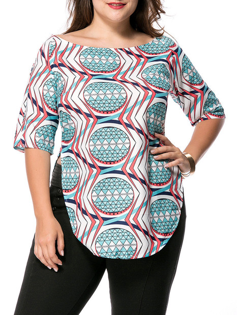 Casual Boat Neck Side-Vented Printed Plus Size T-Shirt
