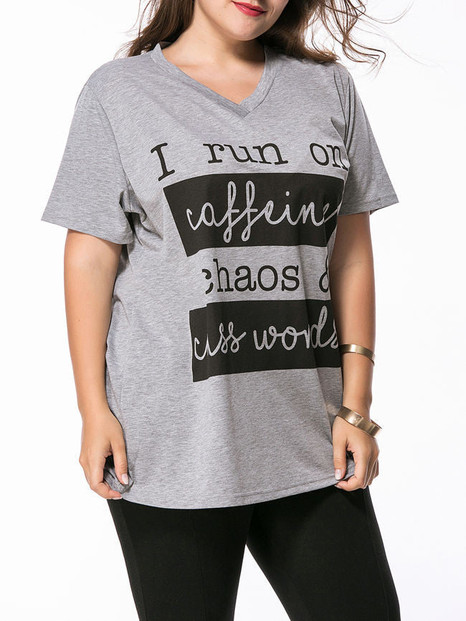 Casual Loose V-Neck Stylish Letters Printed Plus Size T-Shirt