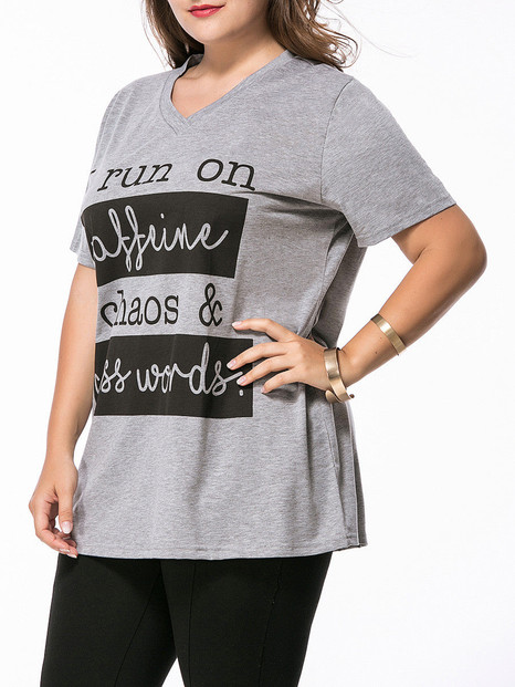 Casual Loose V-Neck Stylish Letters Printed Plus Size T-Shirt