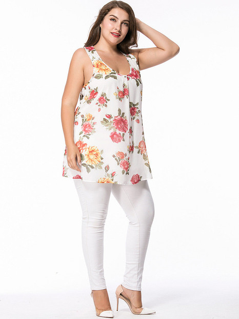 Casual Scoop Neck Racerback Chiffon Floral Plus Size T-Shirt