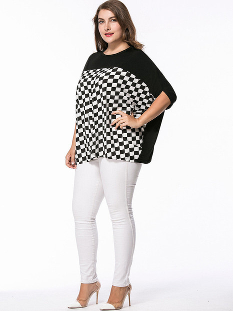 Casual Round Neck Plaid Batwing Sleeve Plus Size T-Shirt