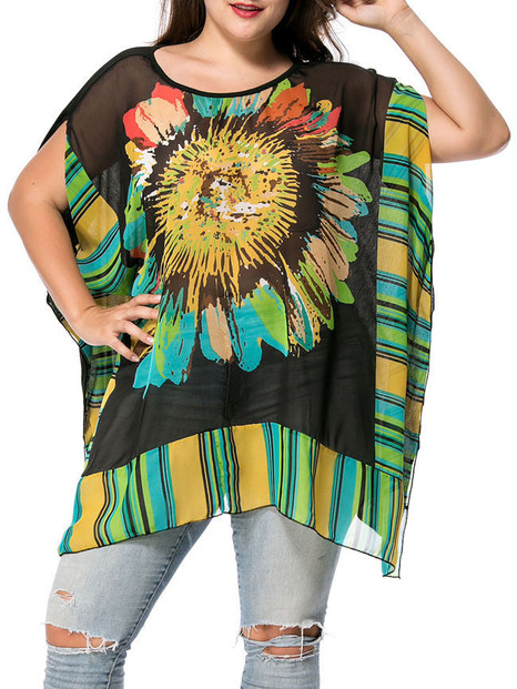 Casual Round Neck Colorful Flower Printed Chiffon Plus Size T-Shirt