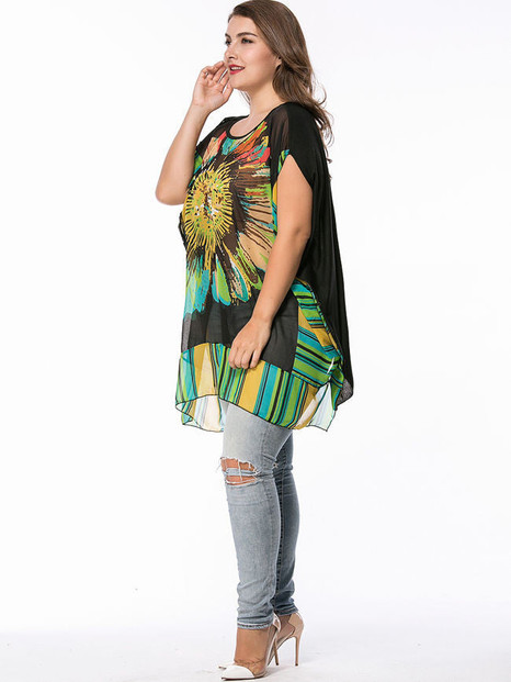 Casual Round Neck Colorful Flower Printed Chiffon Plus Size T-Shirt
