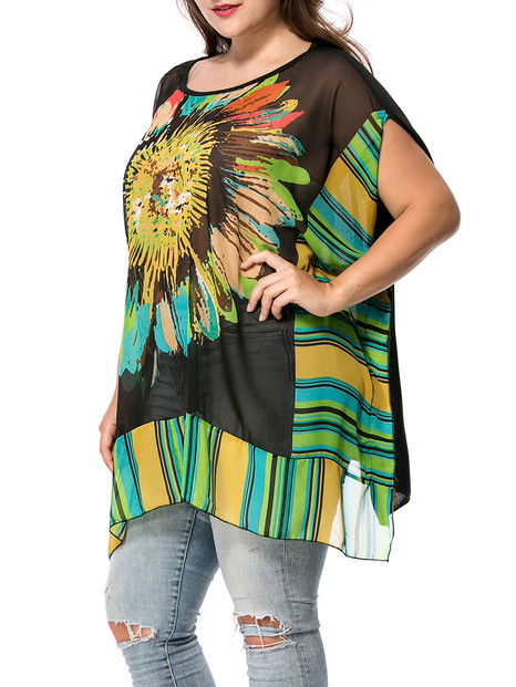 Casual Round Neck Colorful Flower Printed Chiffon Plus Size T-Shirt