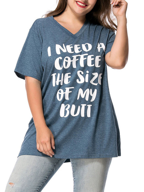 Casual V-Neck Letters Printed Plus Size T-Shirt