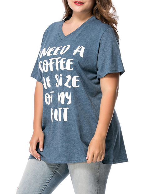 Casual V-Neck Letters Printed Plus Size T-Shirt