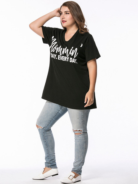 Casual Loose Trendy V-Neck Letters Printed Plus Size T-Shirt