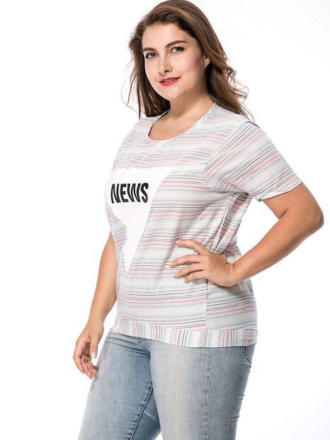 Casual Round Neck Letters Striped Plus Size T-Shirt