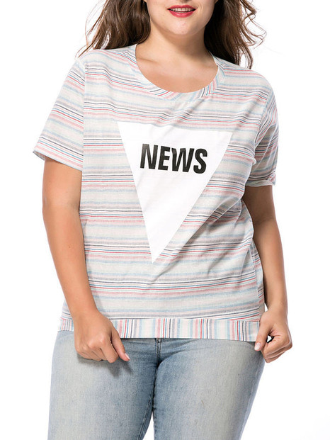 Casual Round Neck Letters Striped Plus Size T-Shirt