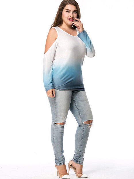 Casual Designed Gradient Open Shoulder Plus Size T-Shirt