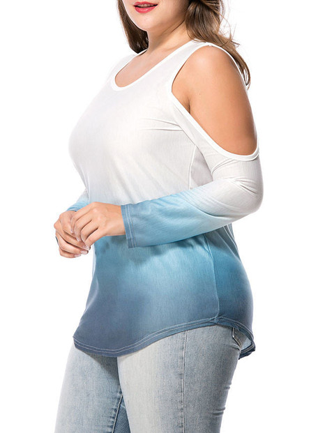 Casual Designed Gradient Open Shoulder Plus Size T-Shirt