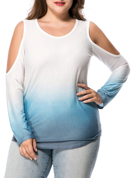 Casual Designed Gradient Open Shoulder Plus Size T-Shirt