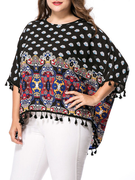 Casual High-Low Tassel Tribal Printed Batwing Sleeve Plus Size T-Shirt