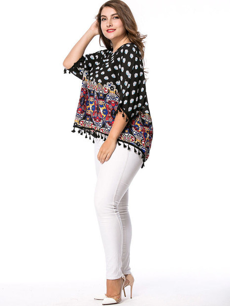 Casual High-Low Tassel Tribal Printed Batwing Sleeve Plus Size T-Shirt