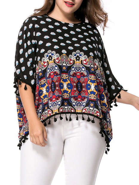 Casual High-Low Tassel Tribal Printed Batwing Sleeve Plus Size T-Shirt