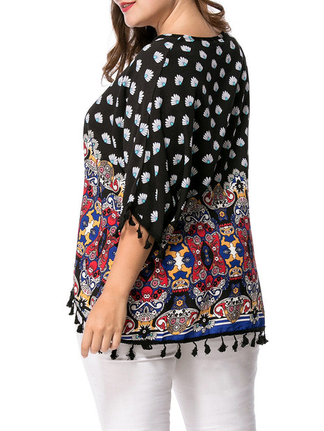 Casual High-Low Tassel Tribal Printed Batwing Sleeve Plus Size T-Shirt