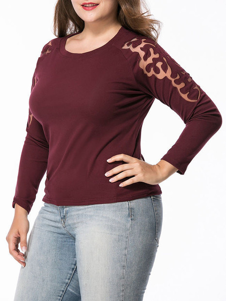 Casual Round Neck Hollow Out Plain Plus Size T-Shirt