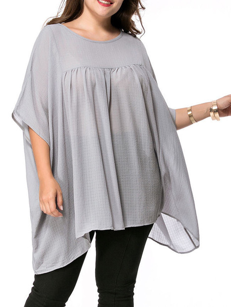 Casual Oversized Plain Round Neck Batwing Sleeve Plus Size T-Shirt