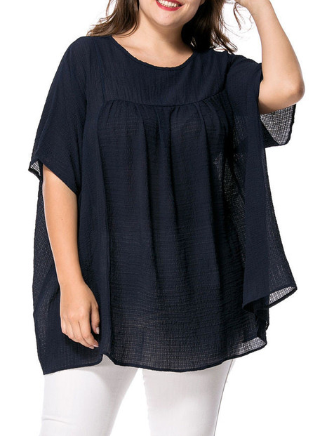 Casual Oversized Plain Round Neck Batwing Sleeve Plus Size T-Shirt