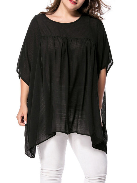 Casual Oversized Plain Round Neck Batwing Sleeve Plus Size T-Shirt