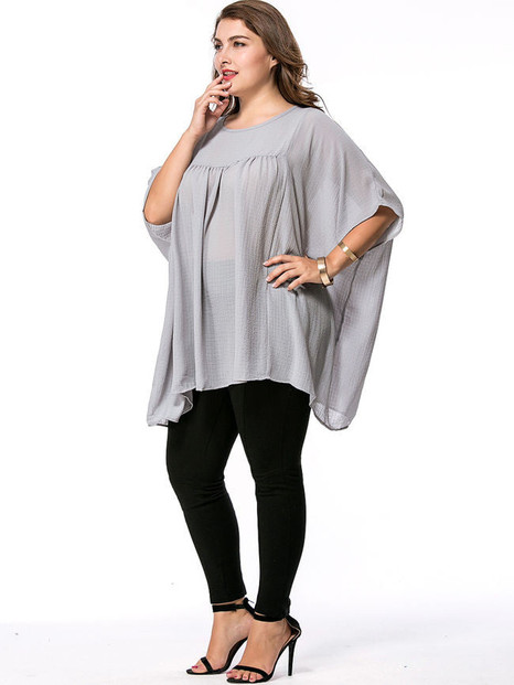 Casual Oversized Plain Round Neck Batwing Sleeve Plus Size T-Shirt