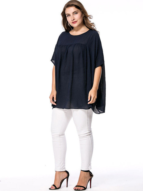 Casual Oversized Plain Round Neck Batwing Sleeve Plus Size T-Shirt