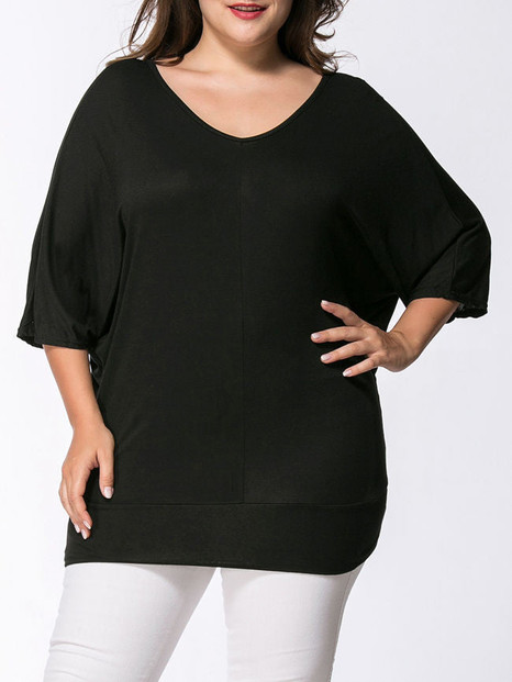 Casual V-Neck Hollow Out Plain Batwing Sleeve Plus Size T-Shirt