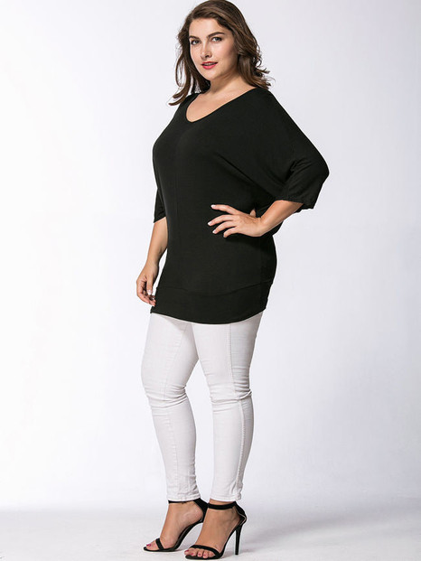 Casual V-Neck Hollow Out Plain Batwing Sleeve Plus Size T-Shirt