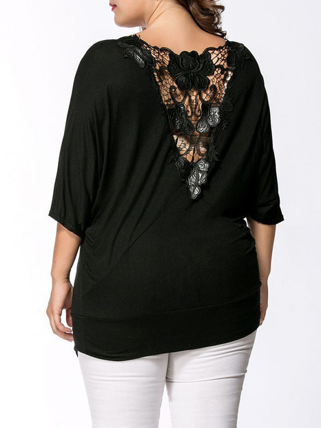 Casual V-Neck Hollow Out Plain Batwing Sleeve Plus Size T-Shirt