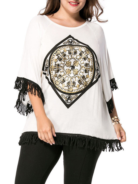 Casual Loose Round Neck Fringe Printed Plus Size T-Shirt