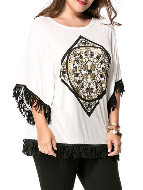 Casual Loose Round Neck Fringe Printed Plus Size T-Shirt