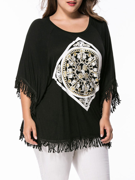 Casual Loose Round Neck Fringe Printed Plus Size T-Shirt