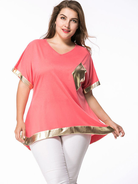 Casual V-Neck Contrast Trim Patch Pocket Plus Size T-Shirt