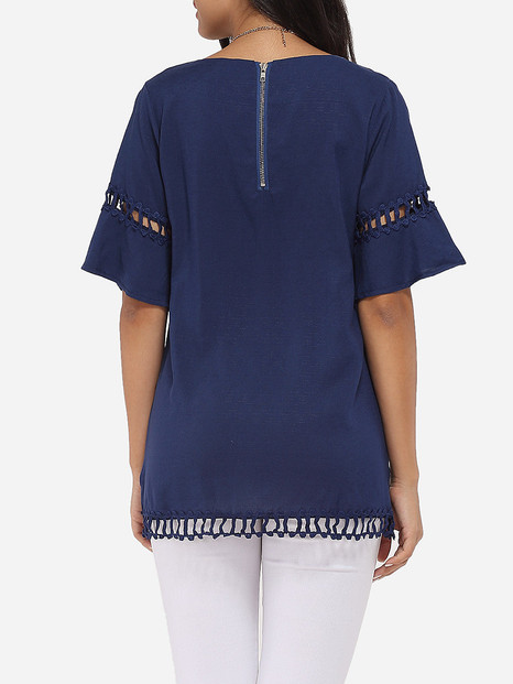Casual Mandarin Sleeve Round Neck Linen Hollow Out Plain Short-sleeve-t-shirt