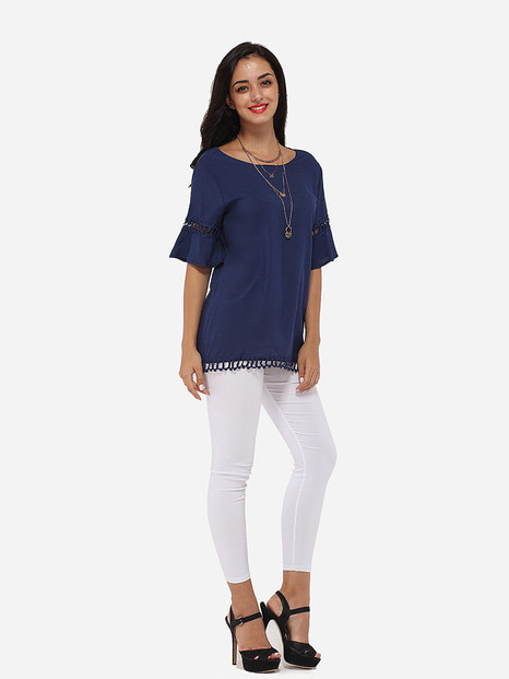 Casual Mandarin Sleeve Round Neck Linen Hollow Out Plain Short-sleeve-t-shirt